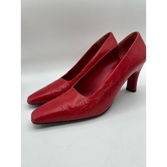 Salvatore Ferragamo Logo Embossed Red Leather Heels, Vtg Women’s US Sz9M… - Picture 4 of 9